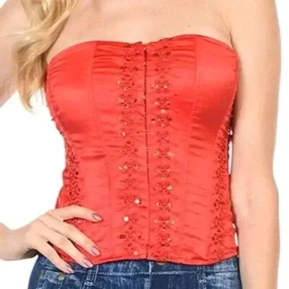 Lace Up Satin Corset Bustier Body Shaper Strapless - Picture 1 of 6